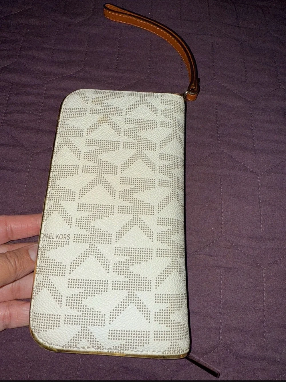 Michael Kors Cream Logo Zip Wristlet with Tan Strap and Gold Hardware